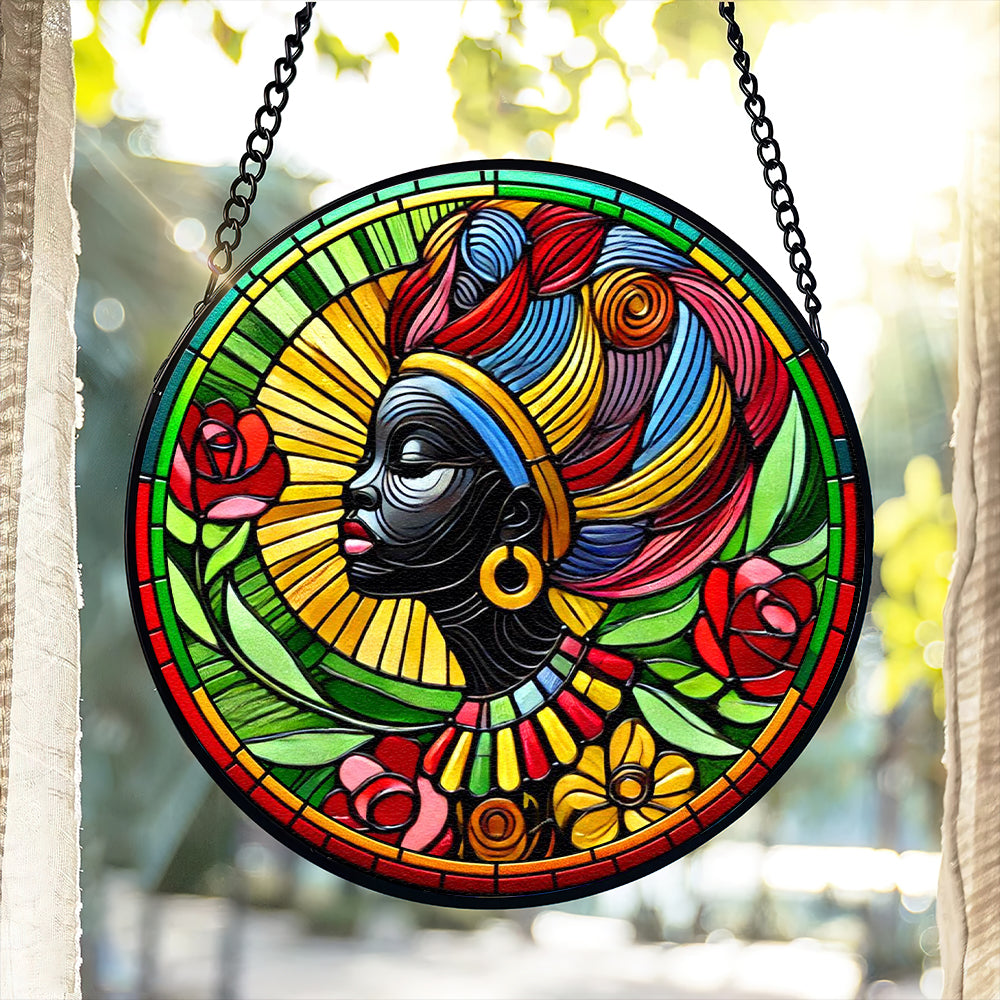 Alternative view of Black Roots Pride Round Stained Glass Suncatcher Ornament 02qhtn030125 Black History Month Decor