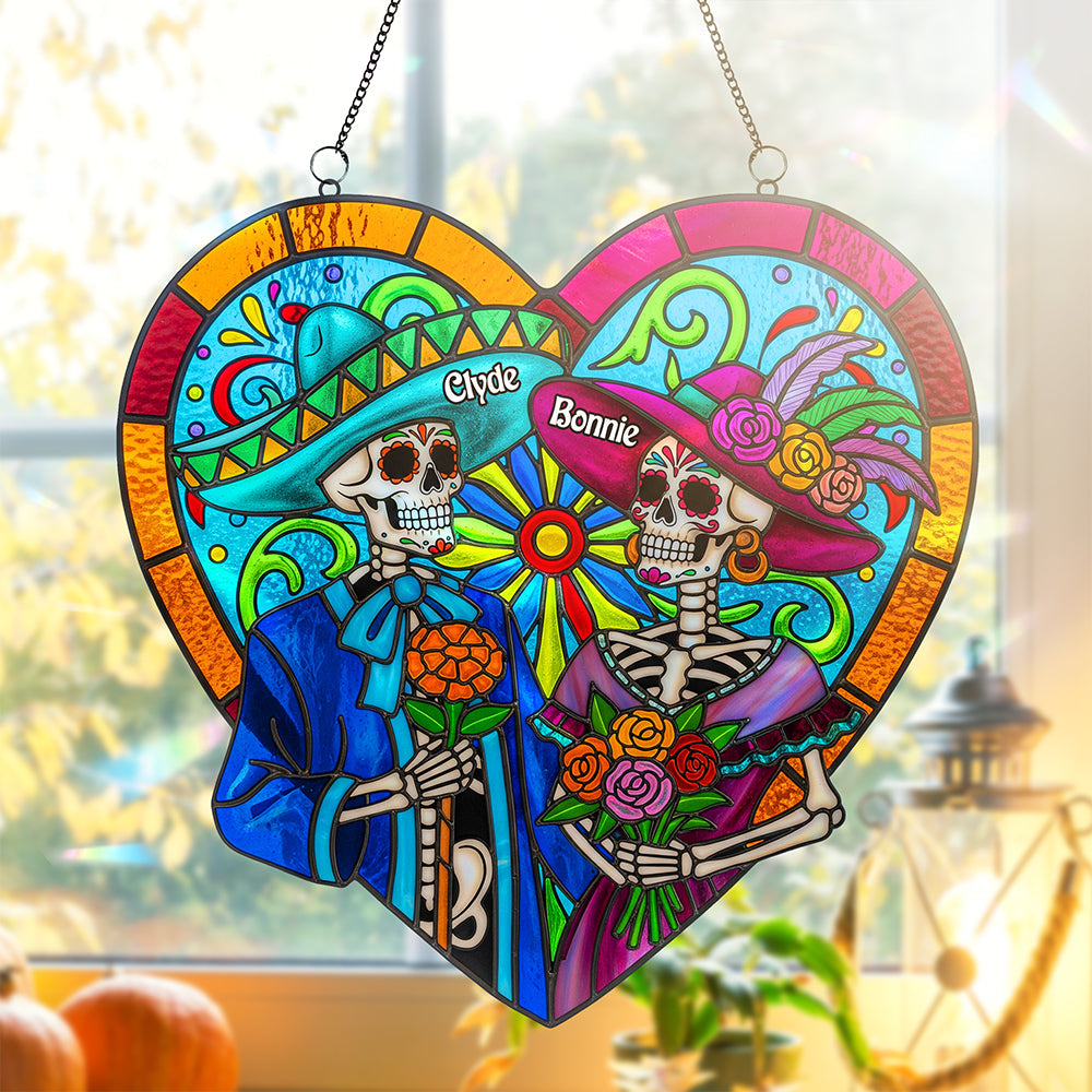 Colorful Skull Couple Suncatcher - Personalized Gifts For Couple 03pata090825