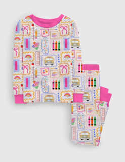 Kid's Back To School Trendy School Bus Colorful Bow Pencil Print Long Sleeve Pajama Set