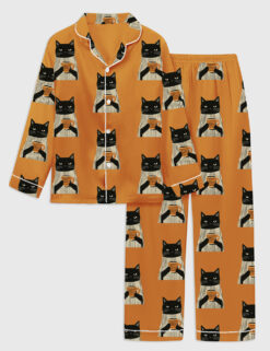 Kid's Black Cat Drinking Coffee Satin Family Pajama Set