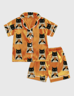 Alternative view of Kid's Black Cat Drinking Coffee Satin Family Pajama Set