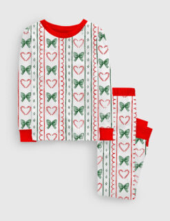 Kid's Christmas Candy Cane Stripes And Coquette Bows Long Sleeve Pajama Set