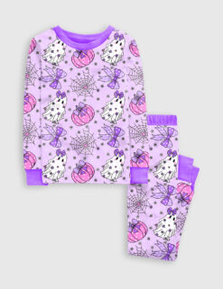 Kid's Coquette Halloween Cute Ghosts Pumpkins Spiderweb And Bows Long Sleeve Pajama Set