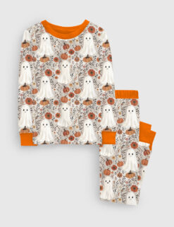 Kid's Cute Ghosts And Pumpkins Halloween Long Sleeve Pajama Set