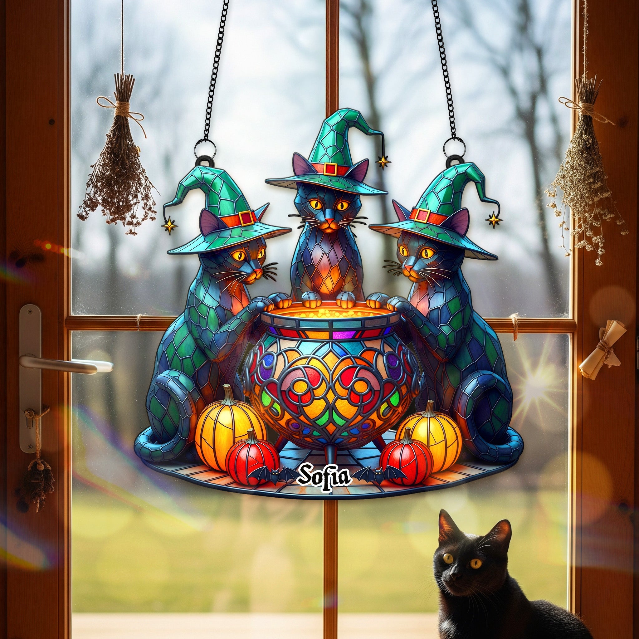 Alternative view of Witch Cat Suncatcher Ornament - Personalized Gifts For Halloween 03NAMG120825