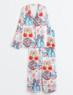 Womenâ€™s 4th Of July 1776 Patriotic Cherry Bow America Coquette Wine Long Sleeve Satin Pajama Set