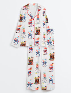 Womenâ€™s 4th Of July Champagne Cocktail Patriotic Sparkler Cocktail Long Sleeve Satin Pajama Set