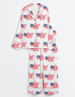 Womenâ€™s 4th Of July Coquette American Flag Patriotic Print Long Sleeve Satin Pajama Set