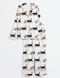 Womenâ€™s A Little Gay Cat Friend Pride Month LGBT Pride Print Long Sleeve Satin Pajama Set