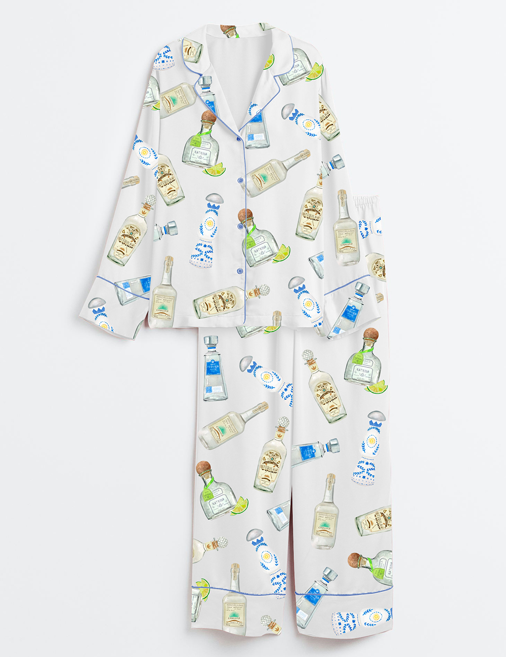 Women's Tequila Bottles Watercolor Bar Cart Art Long Sleeve Satin Pajama Set