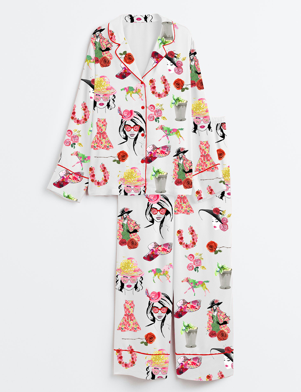 Women's The Kentucky Derby Derby Fashion Planner Girl Rose Horse Western Long Sleeve Satin Pajama Set