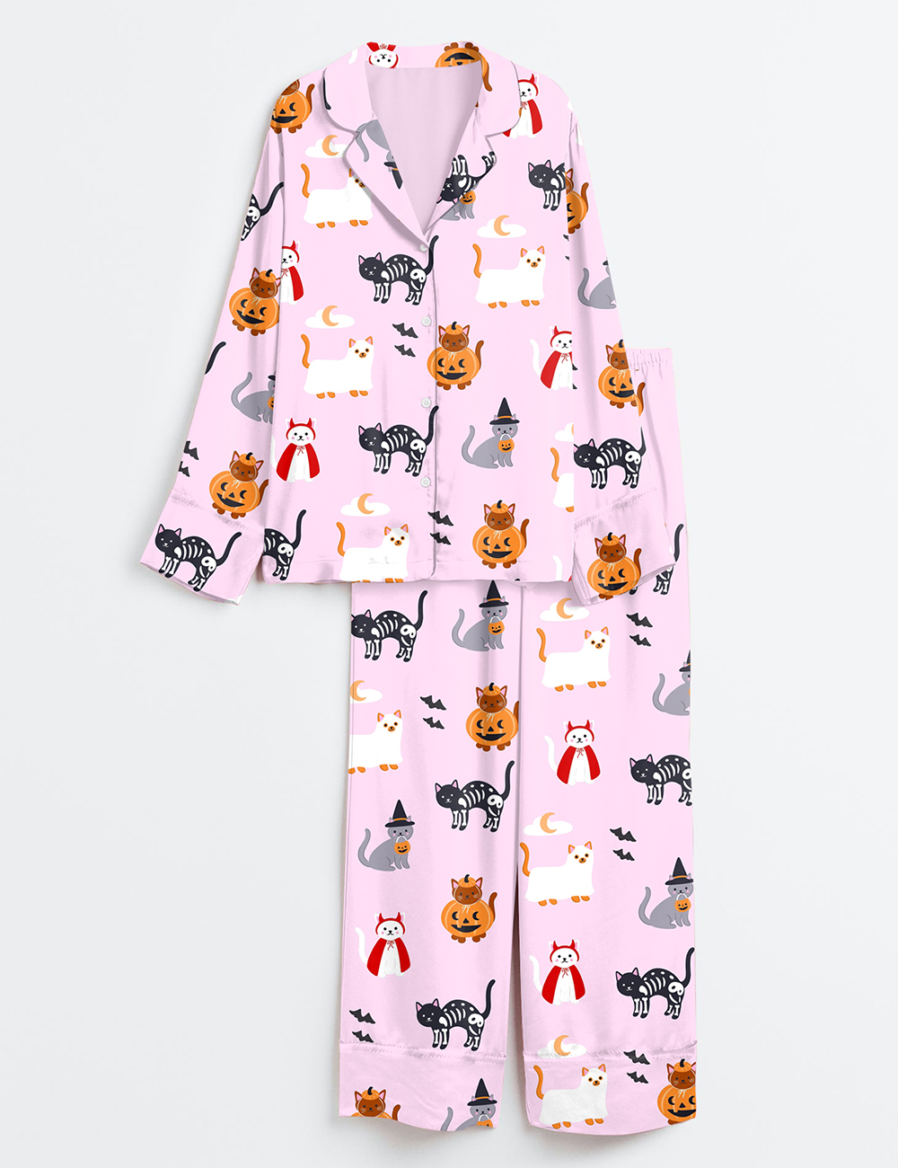 Women's The Lil Ghostie Cat Pumpkin Halloween Long Sleeve Satin Pajama Set