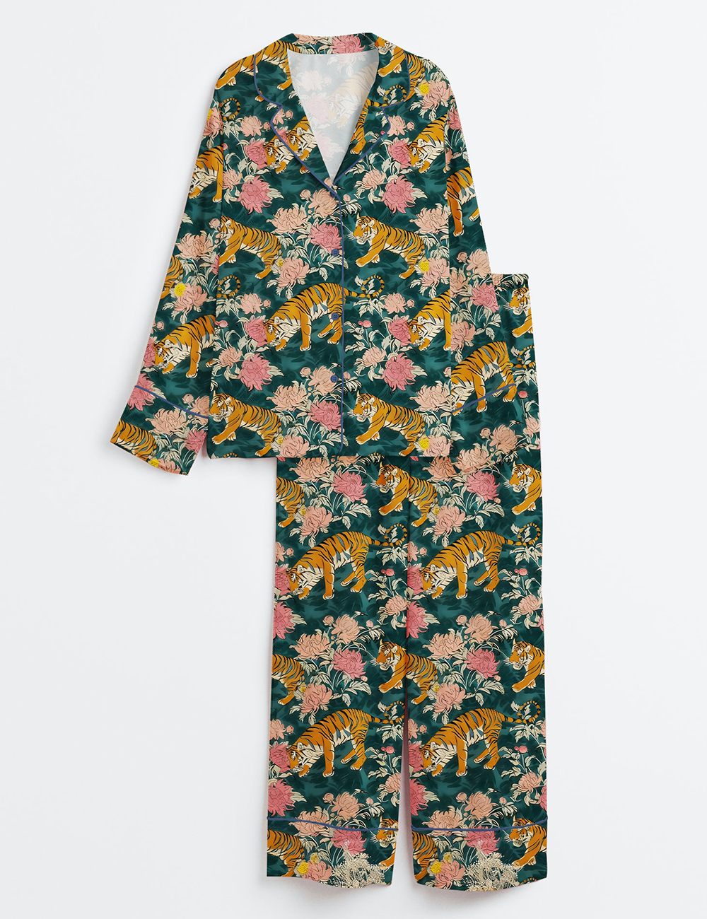 Women's Tiger Tropical Bengal Cora Tiger Floral Art Print Long Sleeve Satin Pajama Set