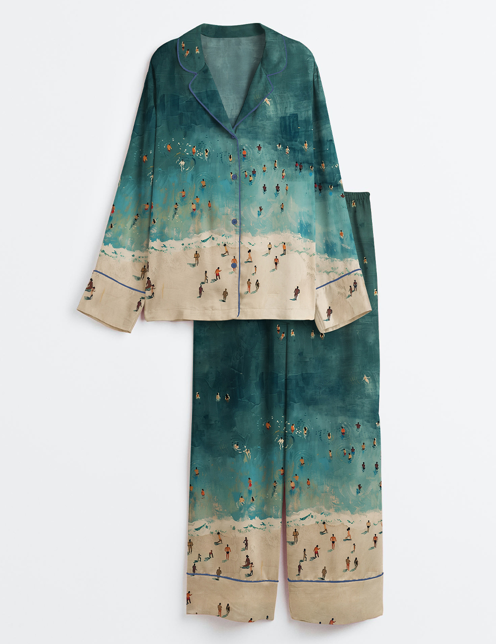 Women's Tiny People Swimming In Ocean Summer Beach Travel Long Sleeve Satin Pajama Set