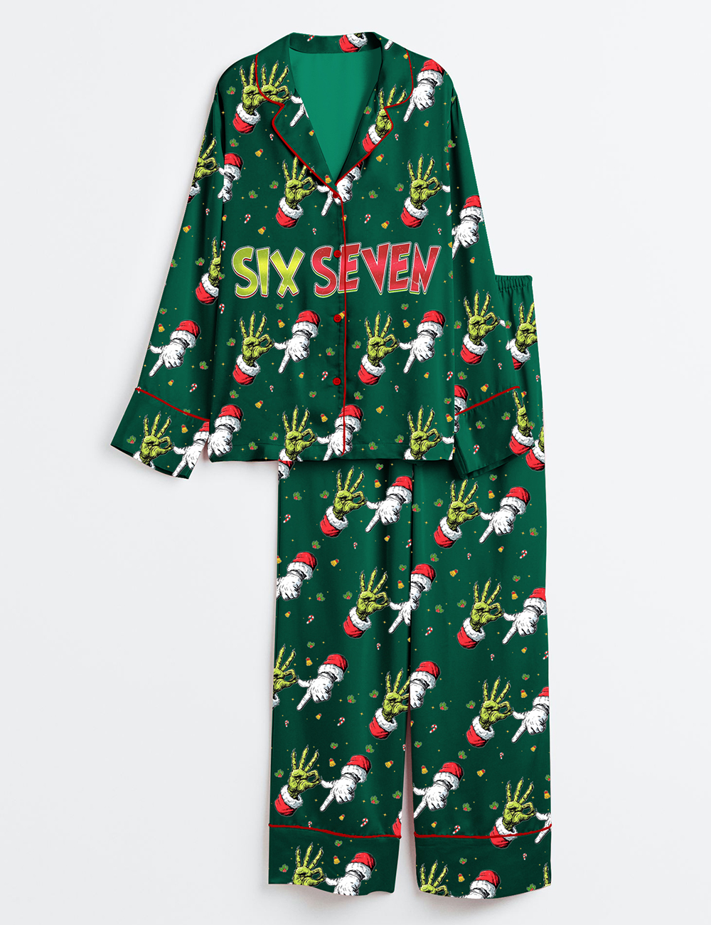 Women's Trending Six Seven Christmas Grinch Santa Long Sleeve Satin Pajama Set