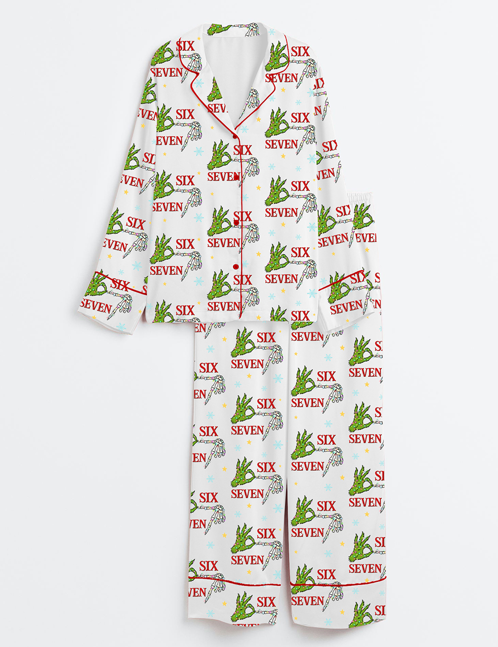 Women's Trending Six Seven Christmas Grinch Skeleton Long Sleeve Satin Pajama Set