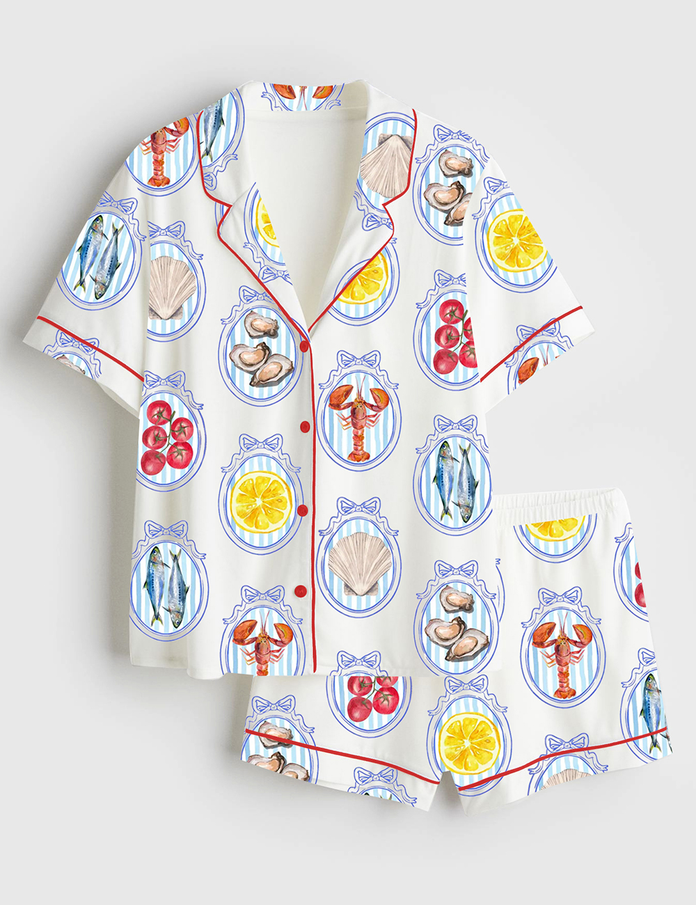 Women's Trendy Summer Beach SeaShell Coastal Aesthetic Tomato Girl Oyster Bachelorette Short Sleeve Satin Pajama Set