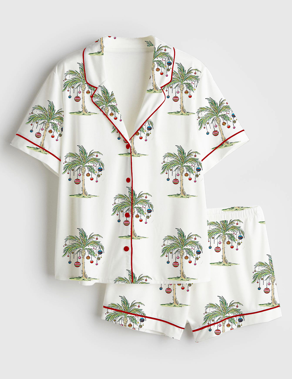 Women's Tropical Christmas Aloha Holiday Beach Santa In July Hawaiian Print Short Sleeve Satin Pajama Set