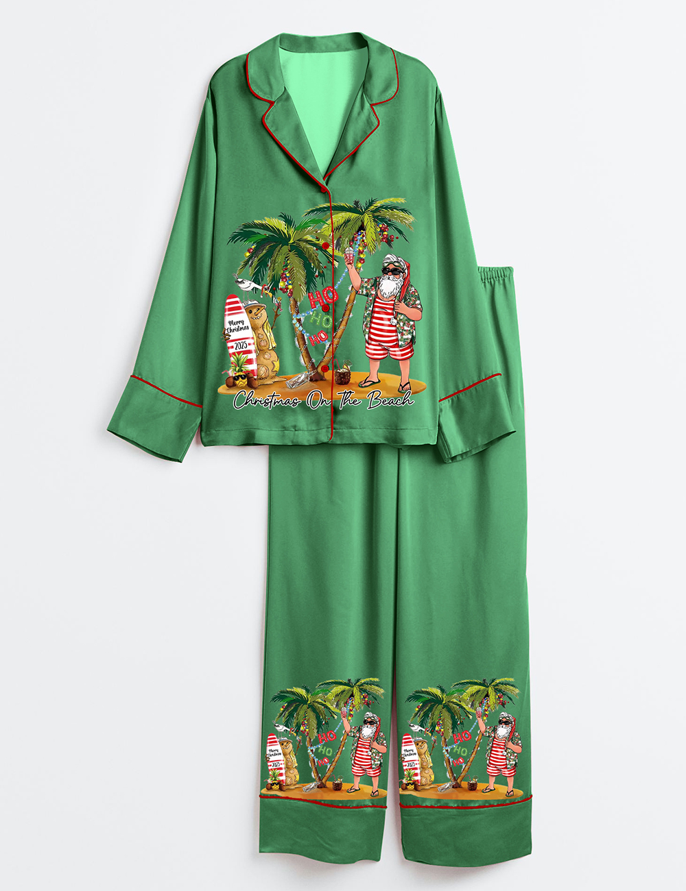 Women's Tropical Christmas Beach Hawaiian Xmas Santa HoHoHo Long Sleeve Satin Family Pajama Set