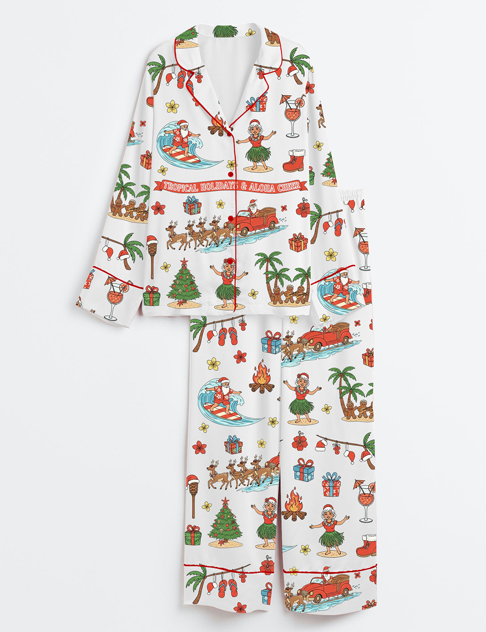 Women's Tropical Christmas Santa Hawaiian Aloha Holiday Long Sleeve Satin Family Pajama Set