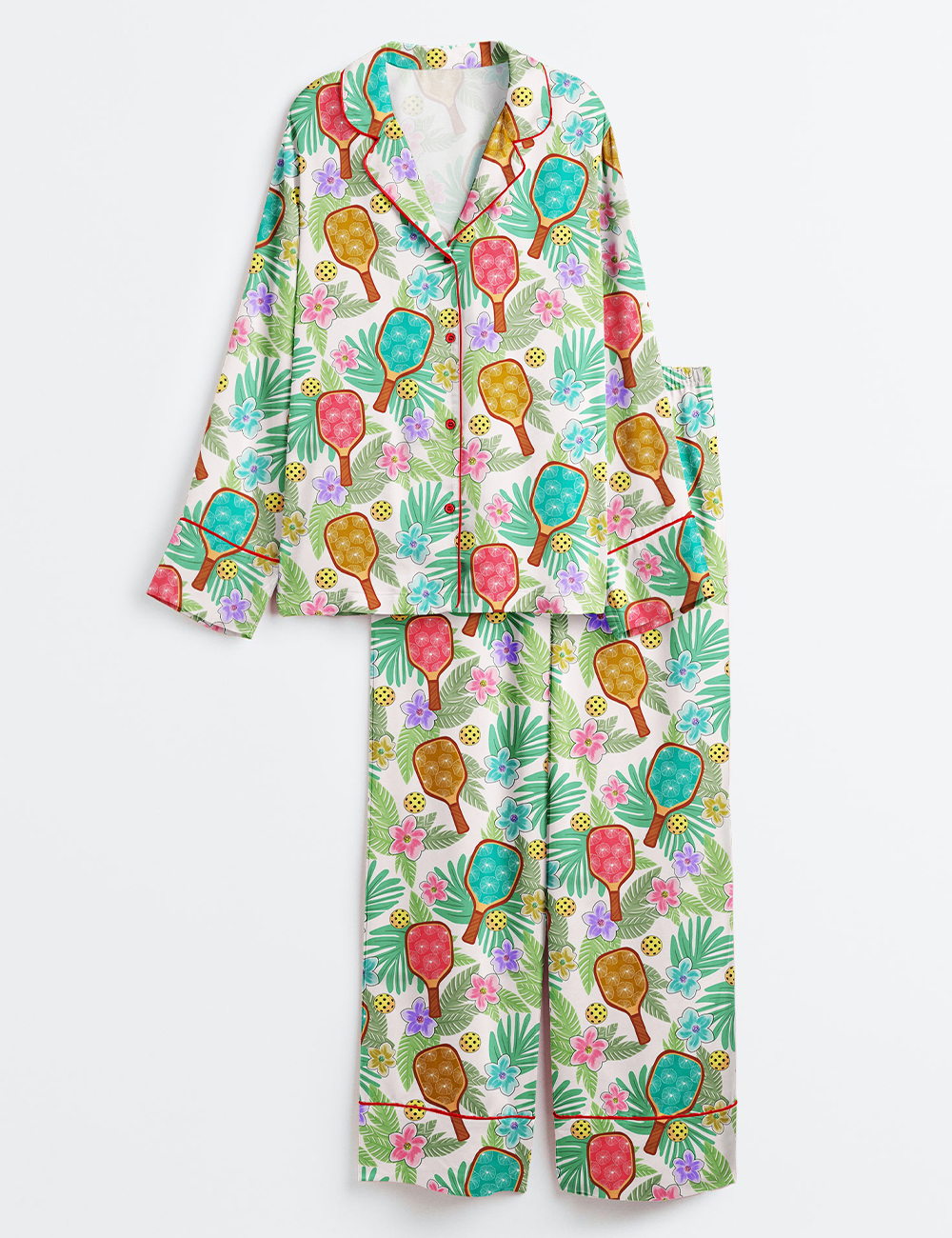 Women's Tropical Pickleball Fun Vibrant Floral Game Day Sports Long Sleeve Satin Pajama Set