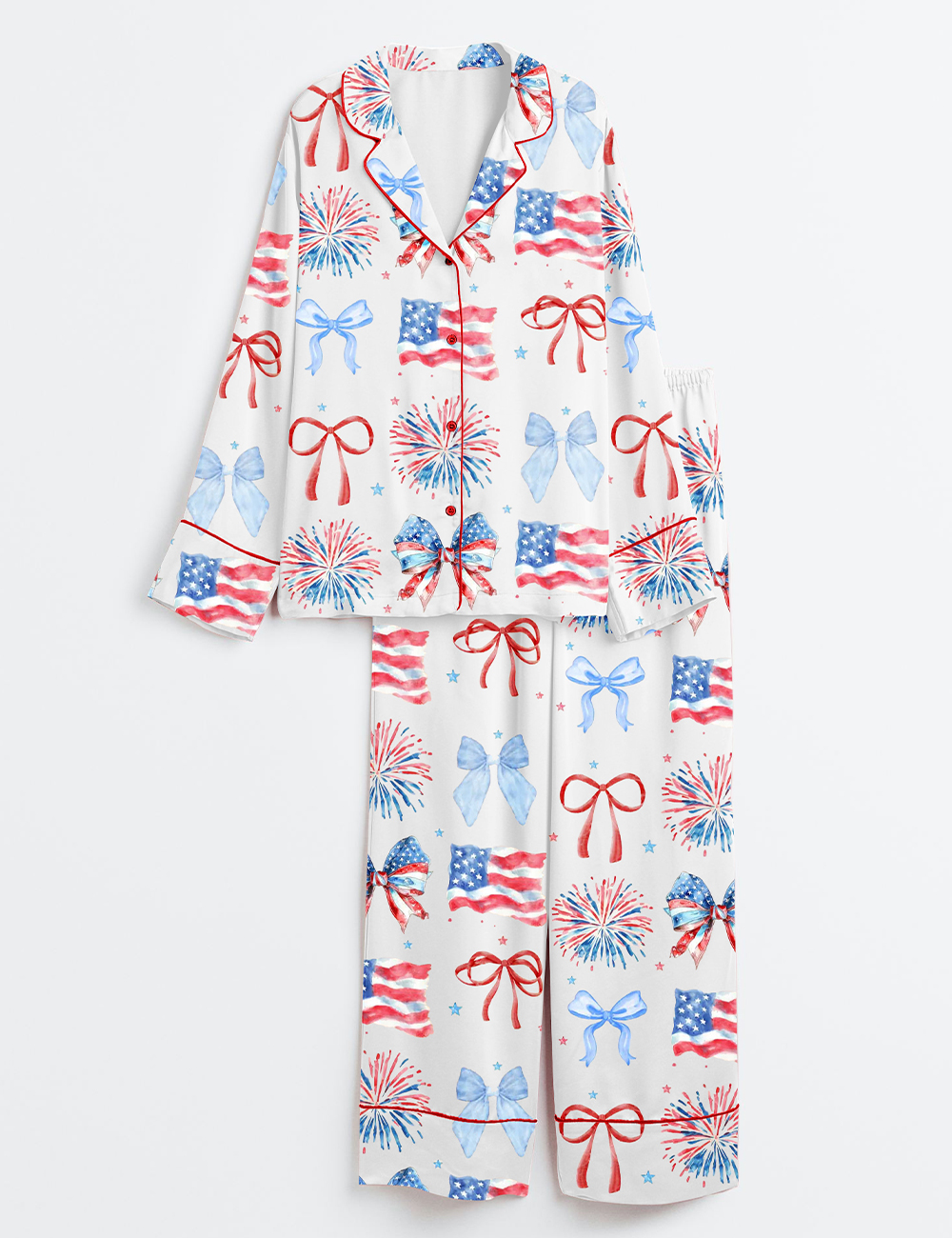 Women's USA Coquette Bow Retro America 4th Of July Print Long Sleeve Satin Pajama Set