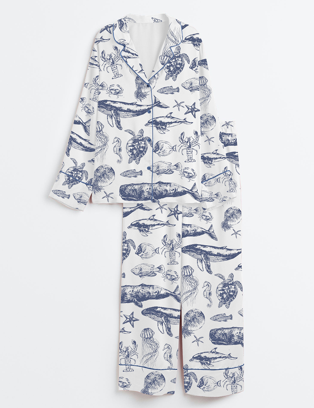 Women's Vintage 90s Sea Animals Fish Summer Beach Ocean Animals Sea Life Print Long Sleeve Satin Pajama Set