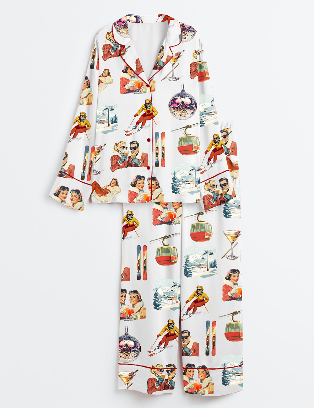 Women's Vintage AprÃ¨s Ski Christmas Long Sleeve Satin Pajama Set