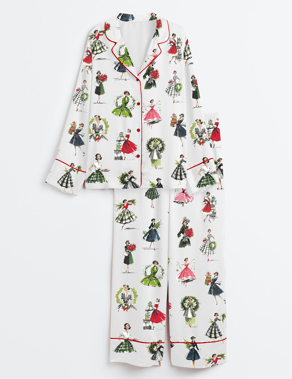 Women's Vintage Christmas Lady Retro Holiday Fashion Long Sleeve Satin Pajama Set