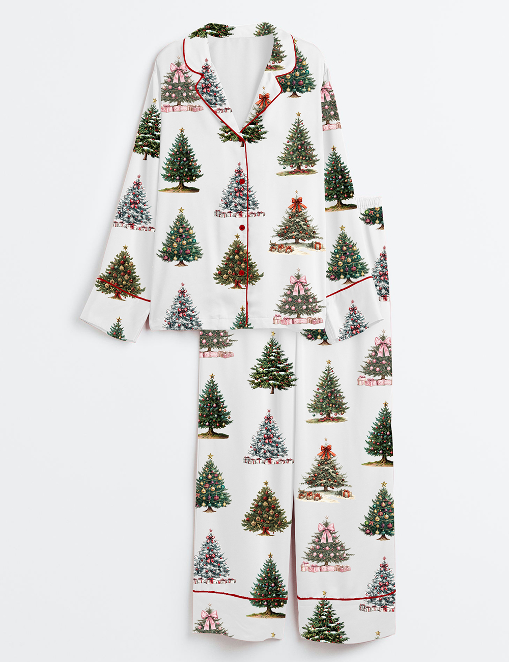 Women's Vintage Christmas Tree Holiday Retro Xmas Long Sleeve Satin Pajama Set