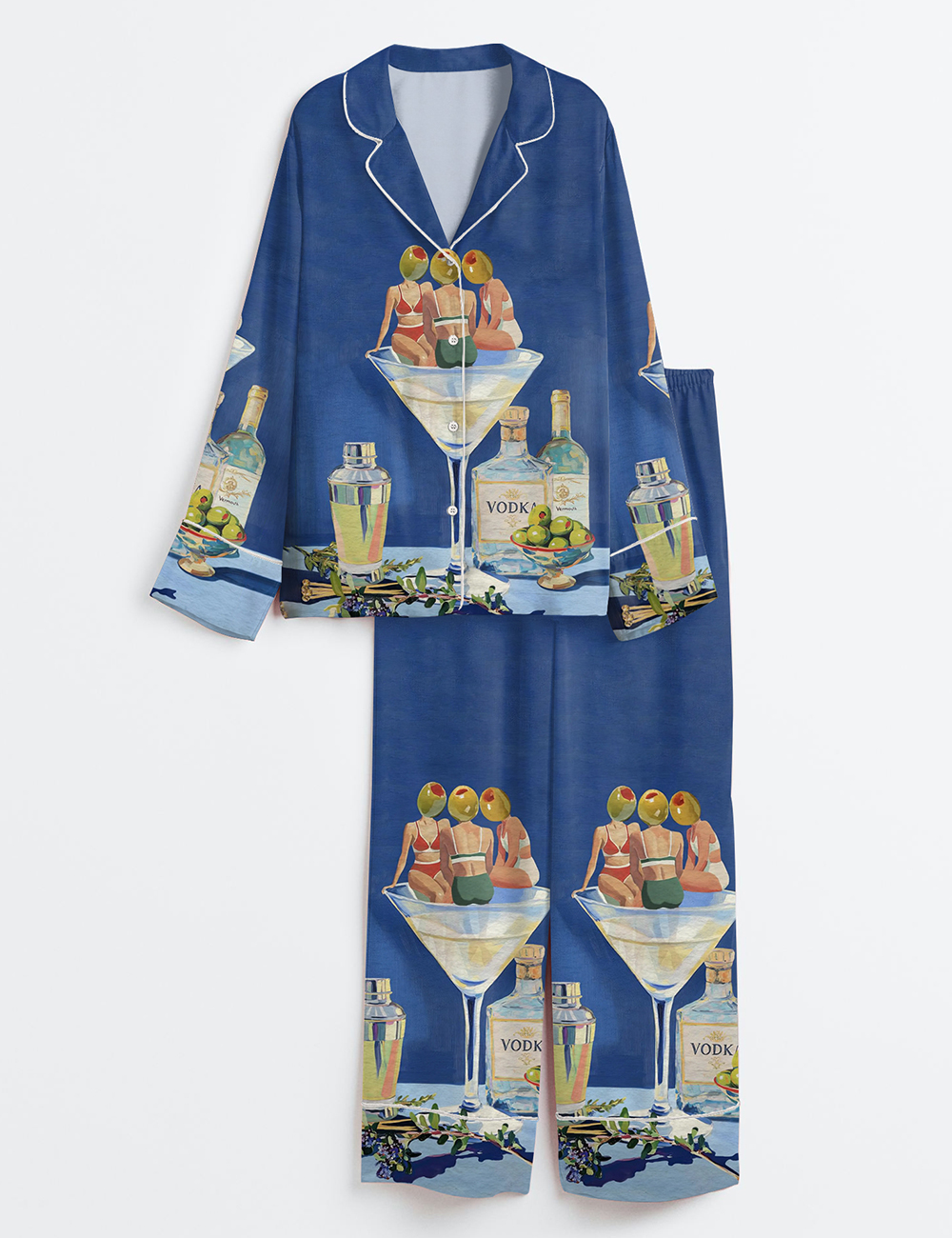 Women's Vintage Dirty Martini Bar Retro Cocktail Print Long Sleeve Satin Pajama Set