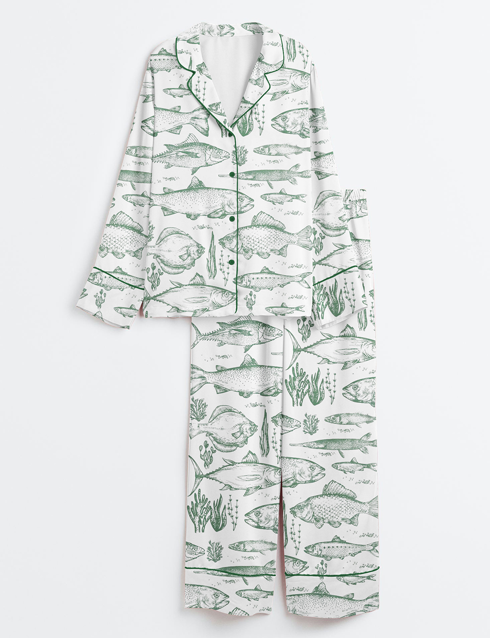 Women's Vintage Fish Tattoo Style Bass Lovers Ocean Fisher Print Long Sleeve Satin Pajama Set