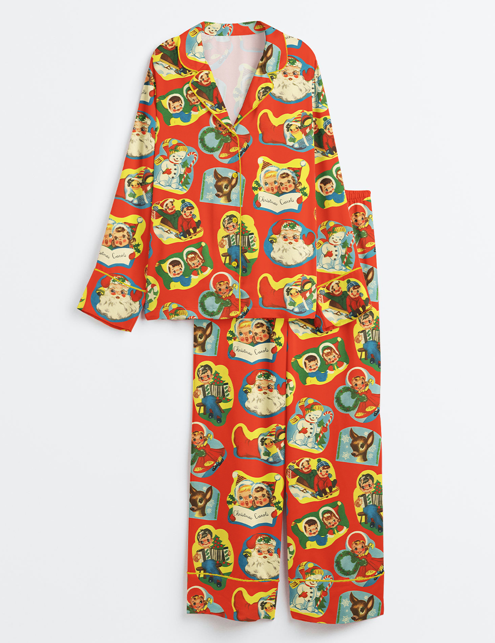 Women's Vintage Kitsch Christmas Retro Holiday Long Sleeve Satin Pajama Set