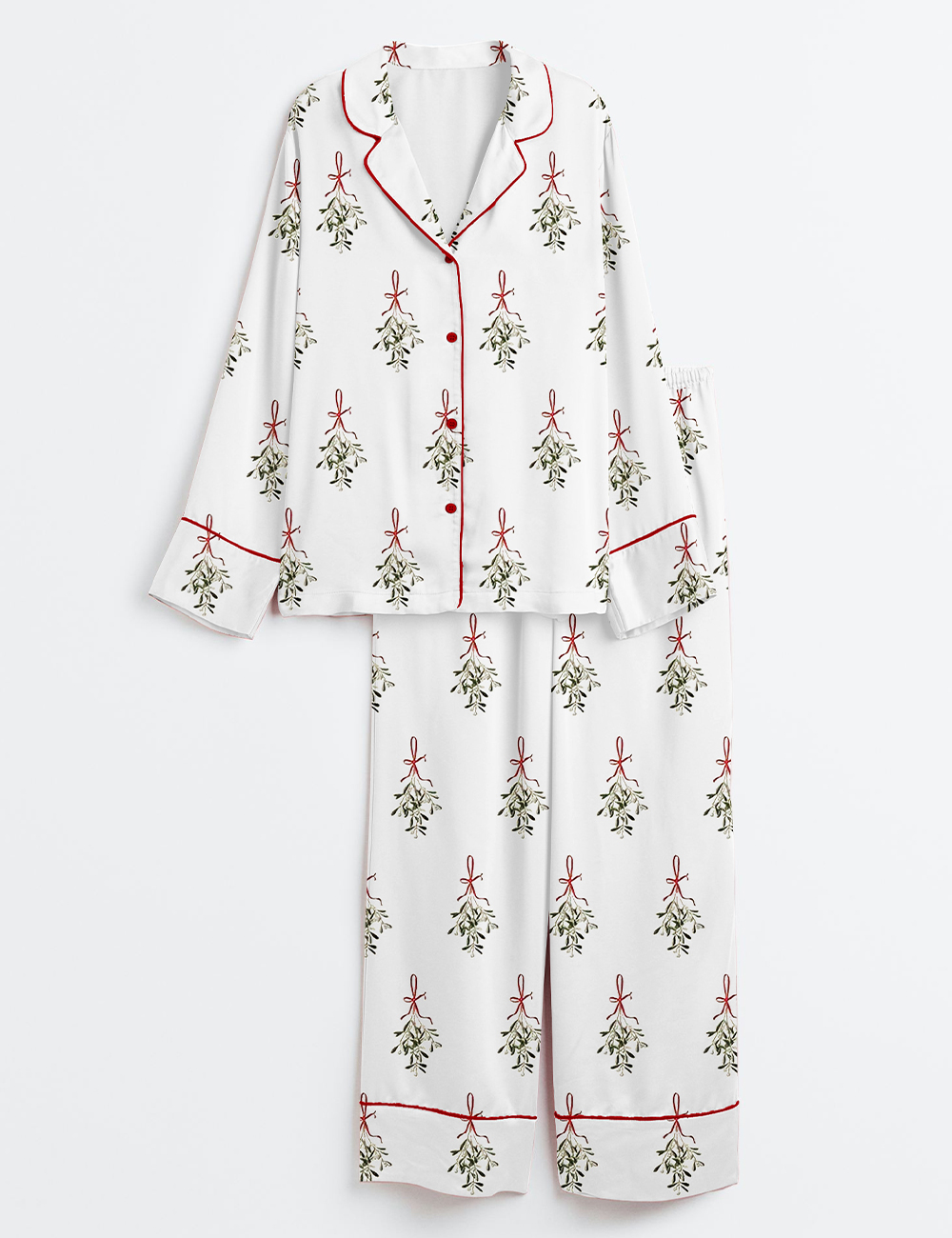 Women's Vintage Mistletoe Christmas Long Sleeve Satin Pajama Set