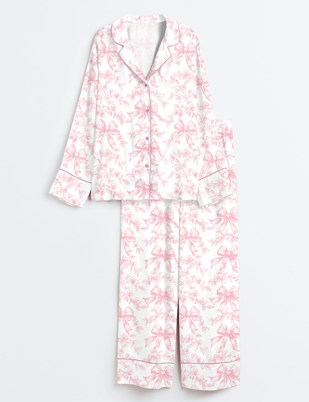 Women's Vintage Pink Toile Coquette Floral Long Sleeve Satin Pajama Set