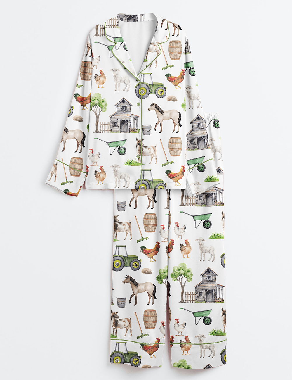 Women's Watercolor Allover Goat Farm Long Sleeve Satin Pajama Set