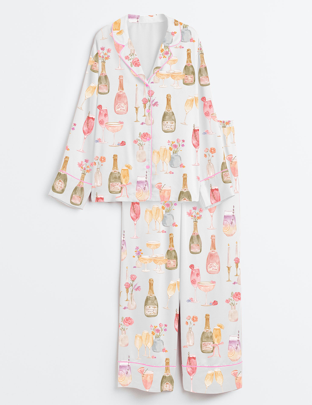 Women's Watercolor Champagne Mimosa Cheers Brunch Floral Cocktail Rose Candles Wedding Party Print Long Sleeve Satin Pajama Set