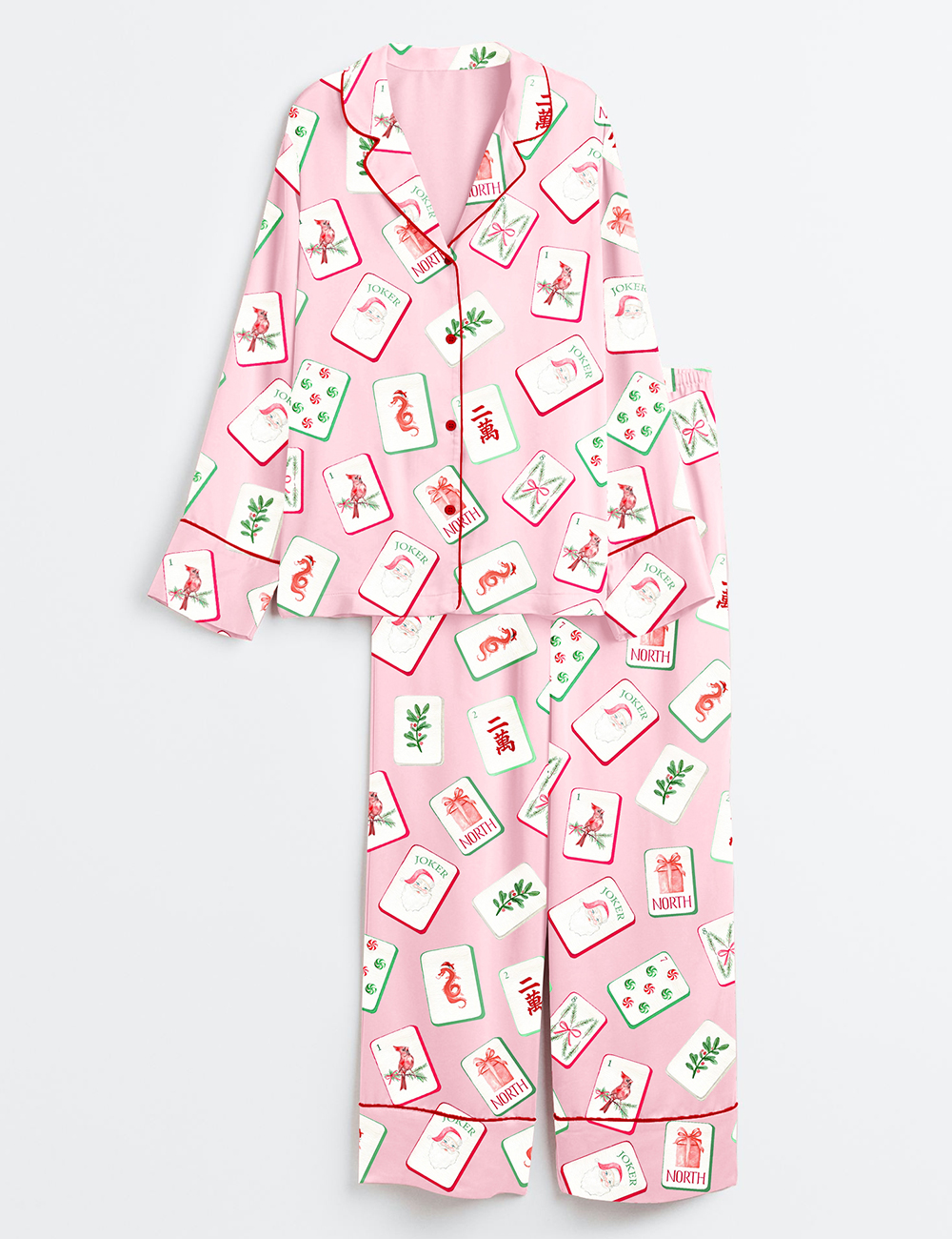 Alternative view of Women's Watercolor Chinoiserie Millennial Mahjong Christmas Santa Party Long Sleeve Satin Pajama Set