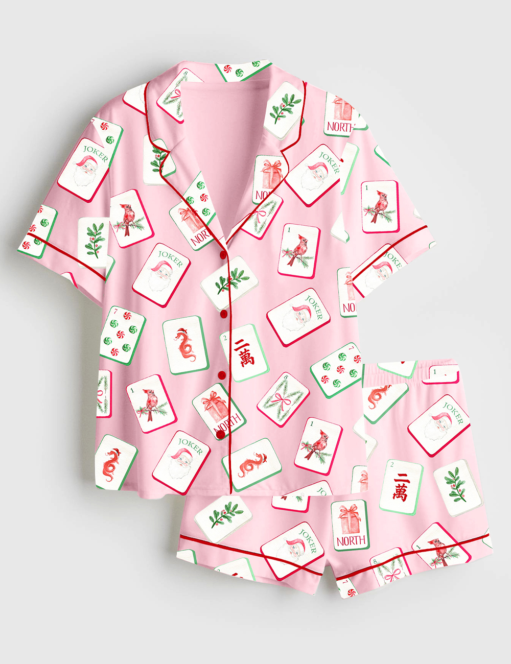 Alternative view of Women's Watercolor Chinoiserie Millennial Mahjong Christmas Santa Party Short Sleeve Satin Pajama Set