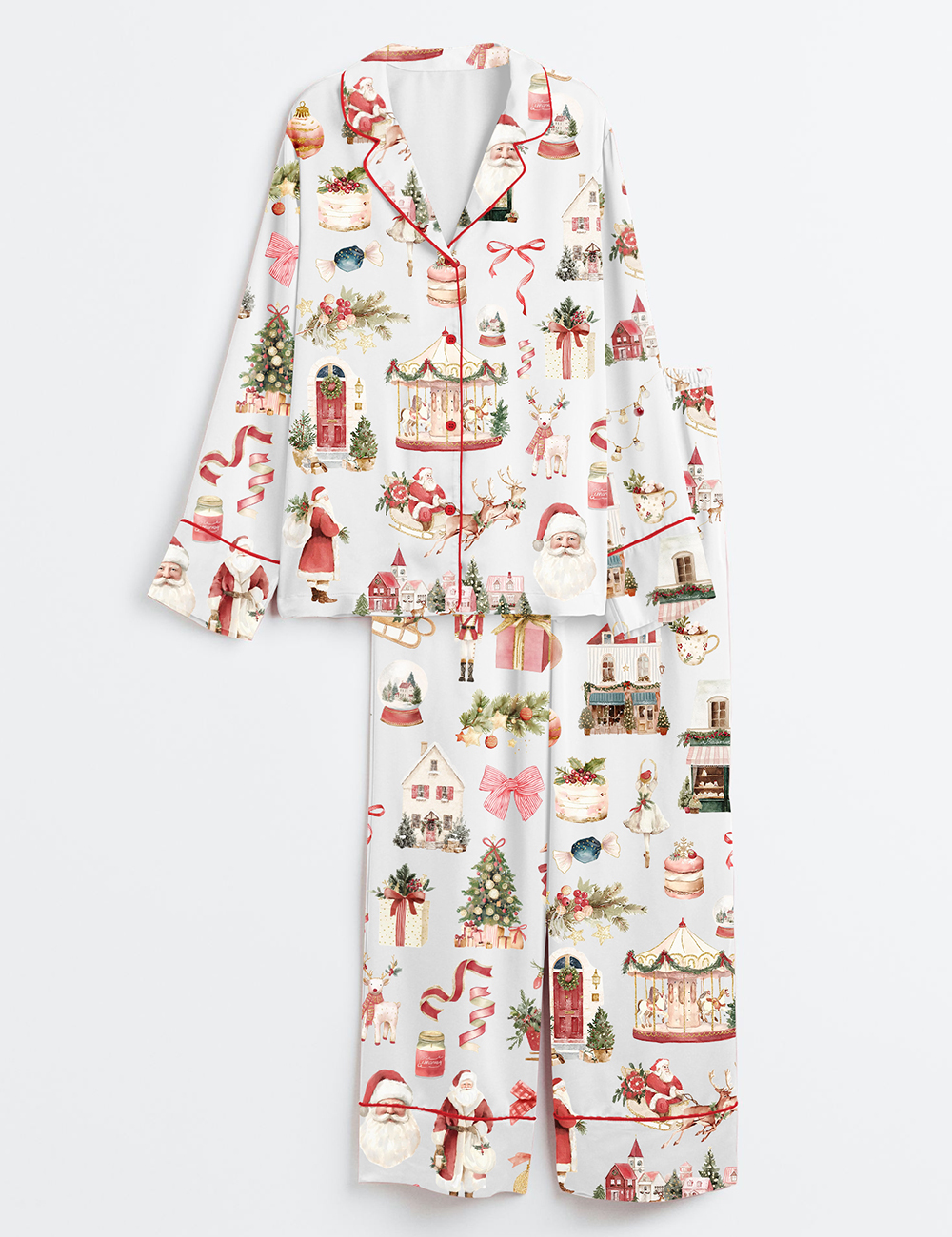 Women's Watercolor Classic Christmas Preppy Christmas Santa Long Sleeve Satin Pajama Set