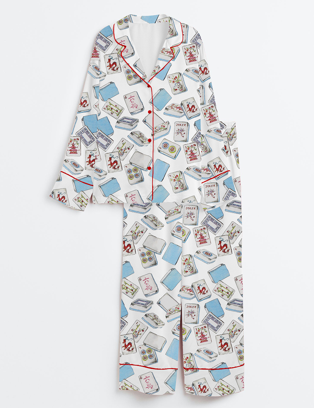 Women's Watercolor Cocktail Mahjong Chinoiserie Mahjong Party Long Sleeve Satin Pajama Set