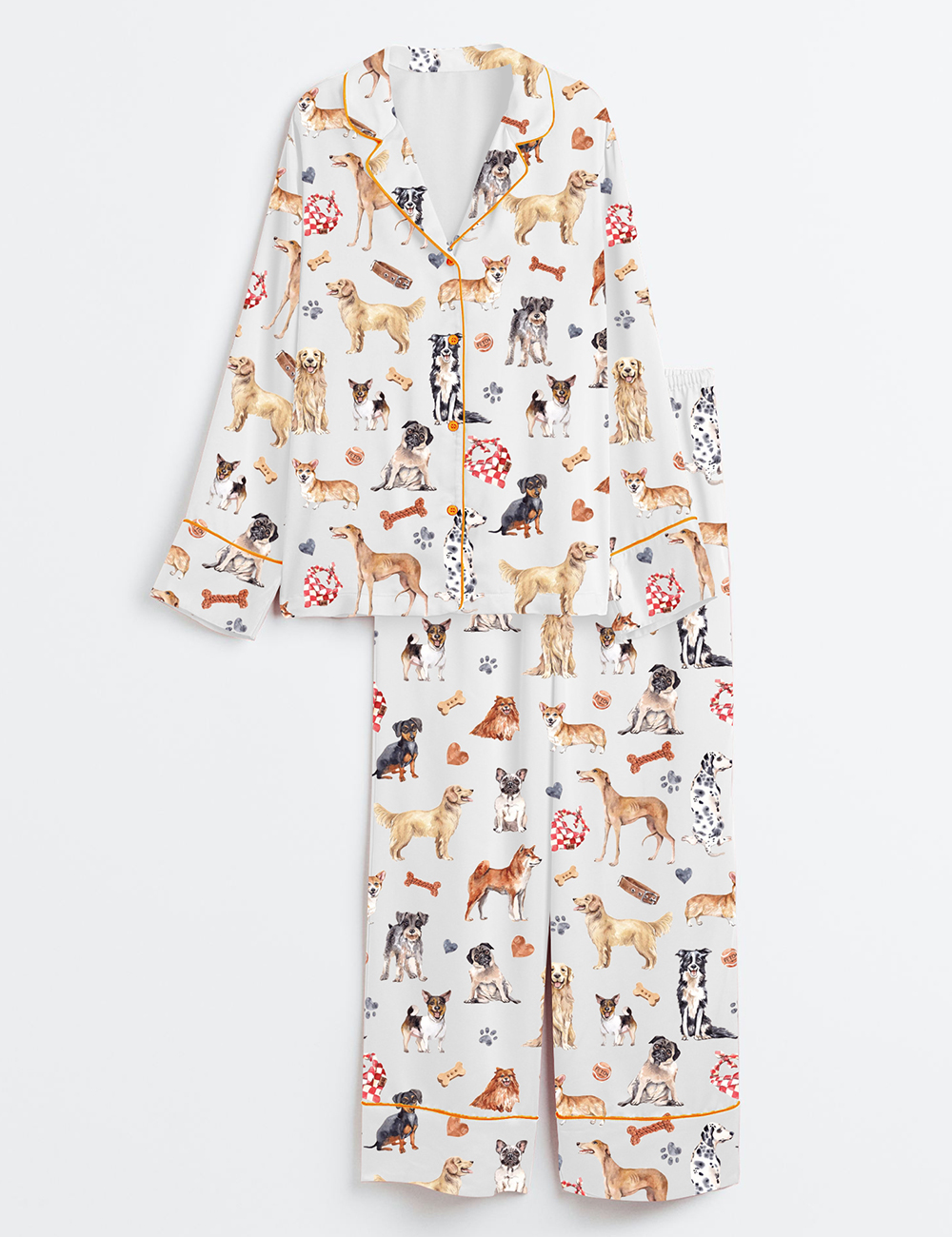 Women's Watercolor Dog Breed All The Dog Fluffy Pets Portraits Long Sleeve Satin Pajama Set