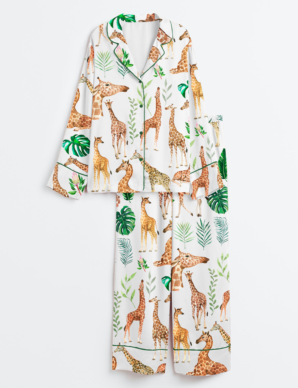 Women's Watercolor Giraffe Animal Safari Nursery Tropical Leaves Long Sleeve Satin Pajama Set