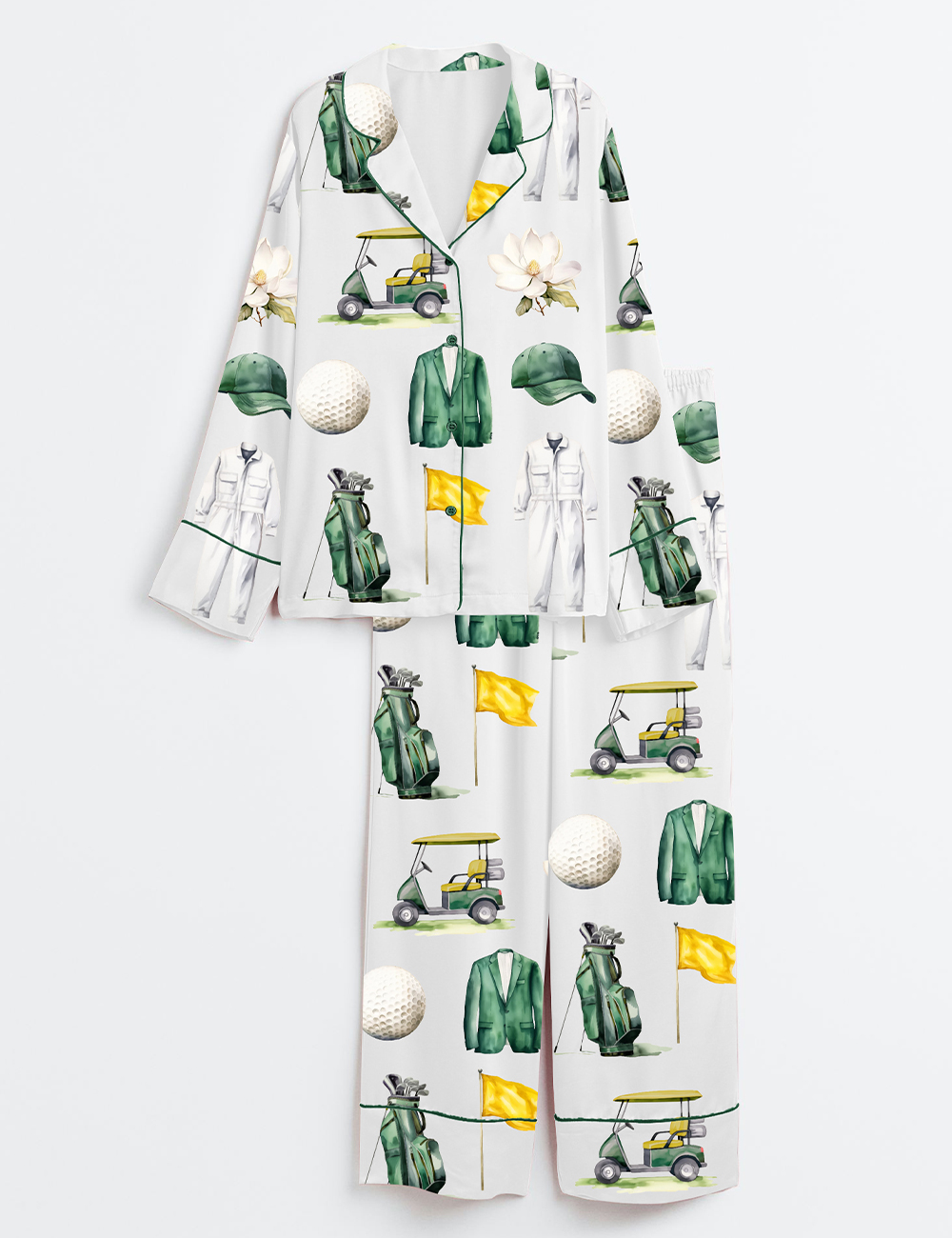 Women's Watercolor Golf Tournament Golfing Master Golf Cart Green Jacket Club Long Sleeve Satin Pajama Set