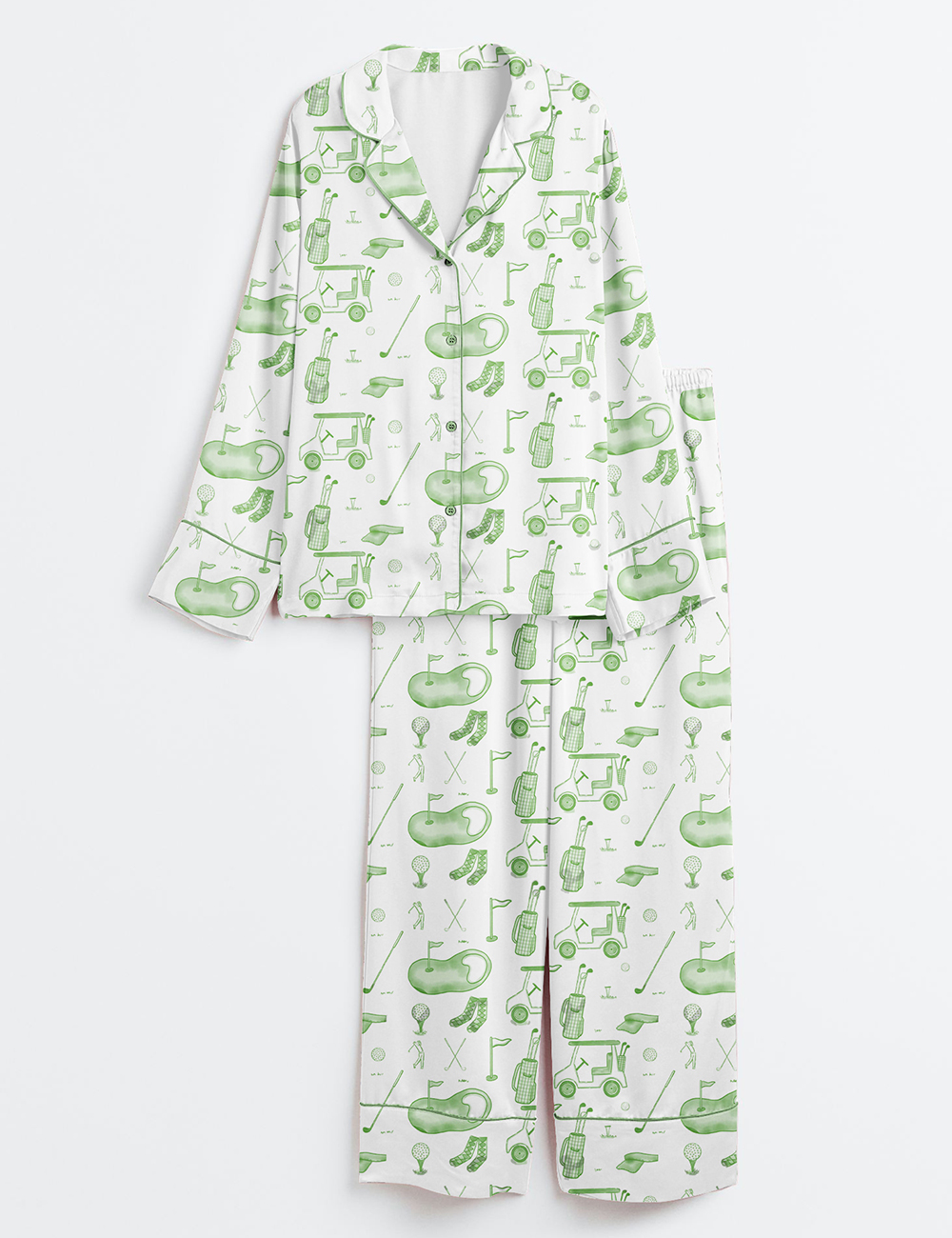 Women's Watercolor Green Golf Toile Print Long Sleeve Satin Pajama Set