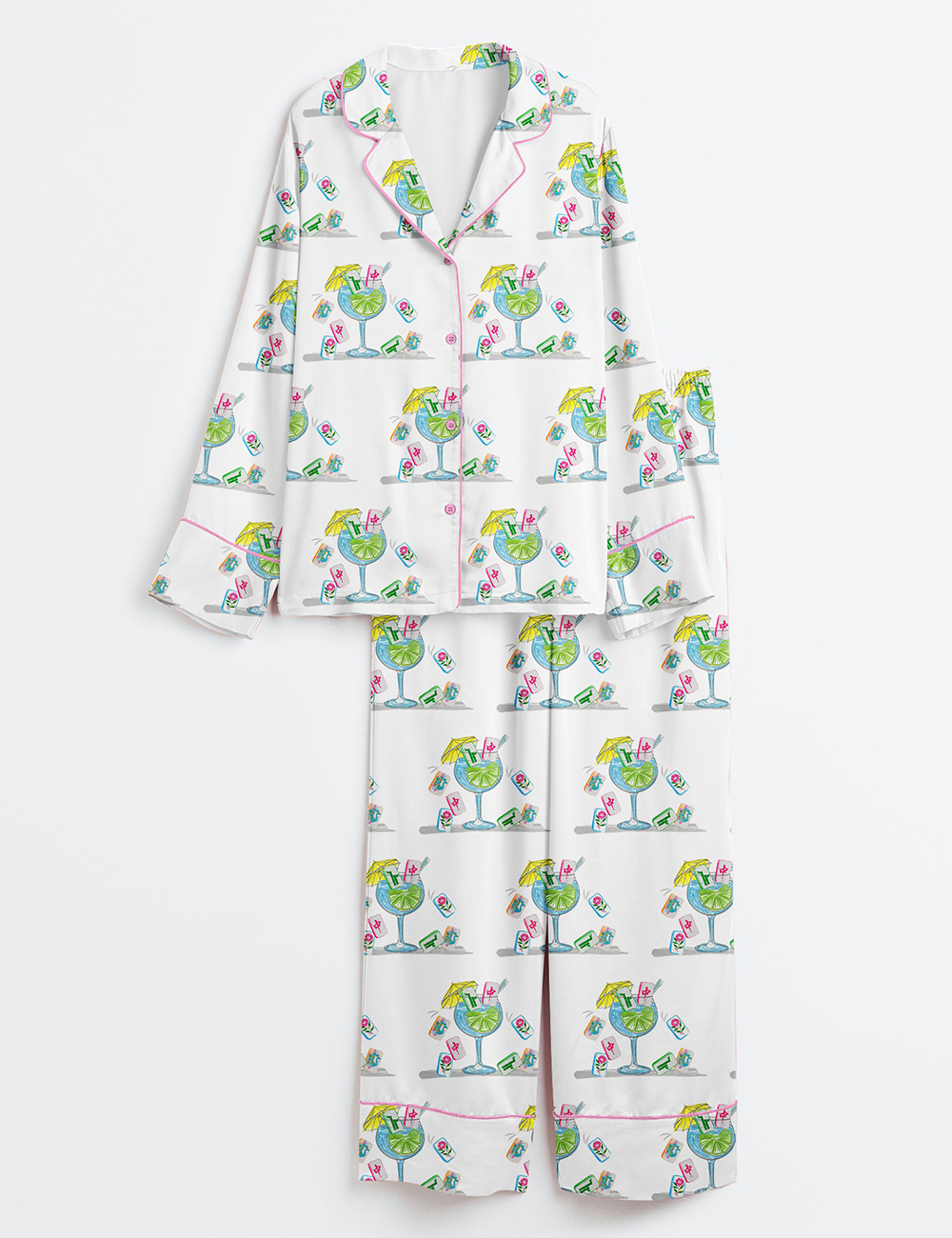 Women's Watercolor Hand Drawn Mahjong Tile Cocktail Mahjong Party Long Sleeve Satin Pajama Set