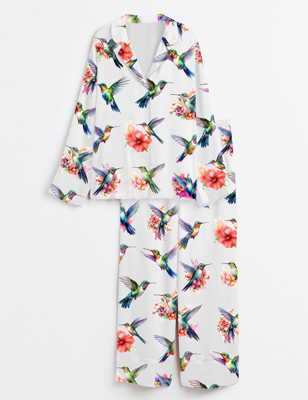 Women's Watercolor Hummingbirds Long Sleeve Satin Pajama Set
