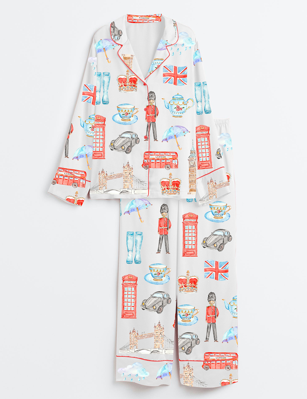 Women's Watercolor London Art City Bus Sightseen Bridge Telephone Long Sleeve Satin Pajama Set