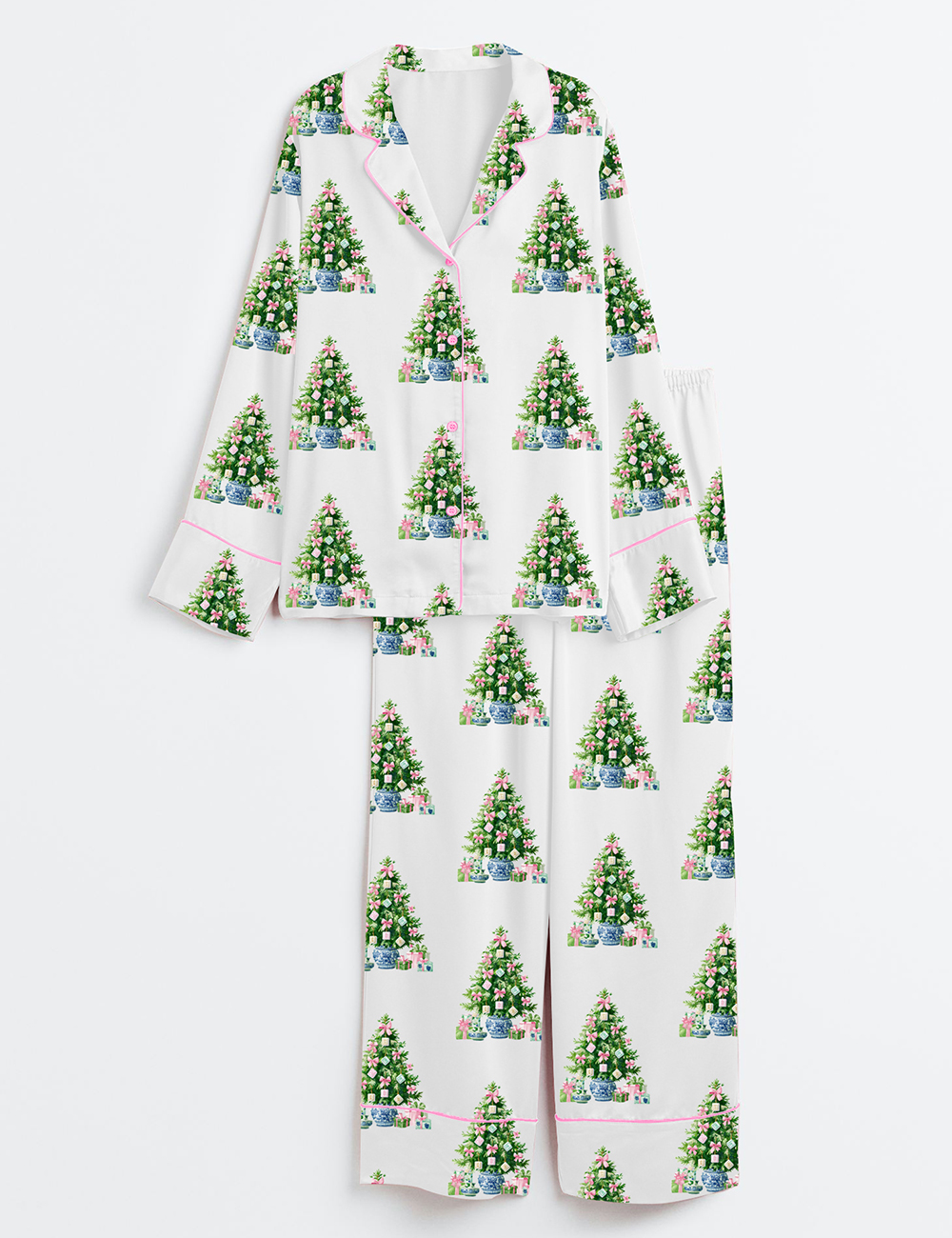 Women's Watercolor Mahjong Merry Mahjong Christmas Chinoiserie Art Long Sleeve Satin Pajama Set