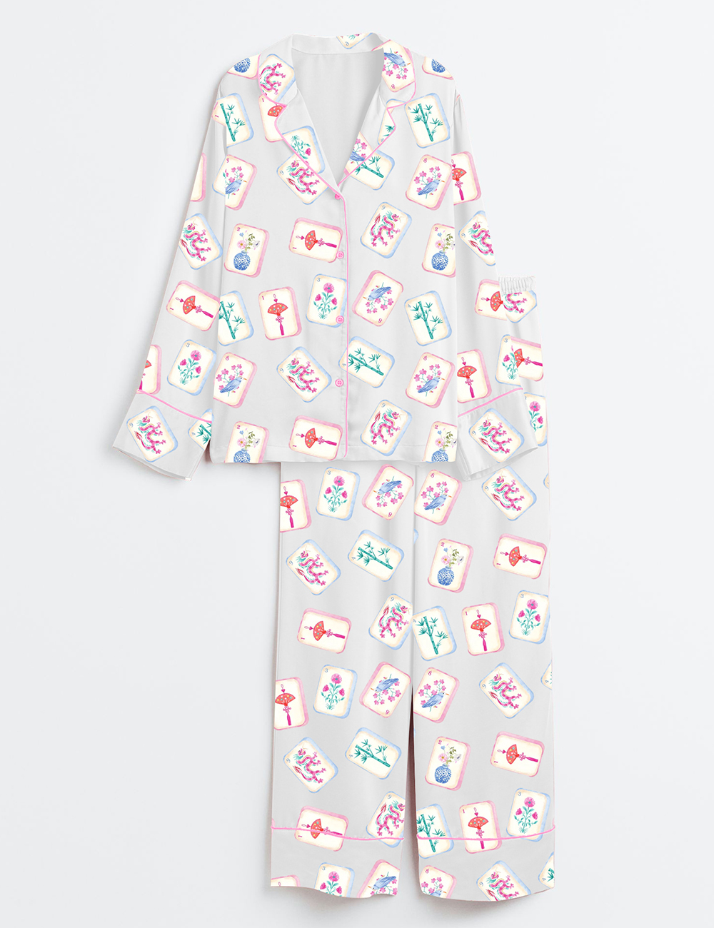 Women's Watercolor Mahjong Party Long Sleeve Satin Pajama Set